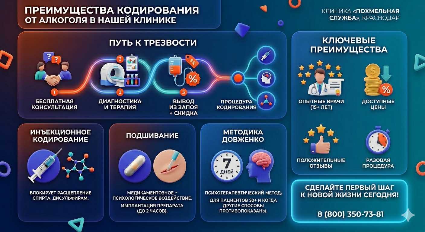 Инфографика о методах кодирования от алкоголя в Сотниково: инъекции, подшивание, метод Довженко. Преимущества клиники и этапы лечения.