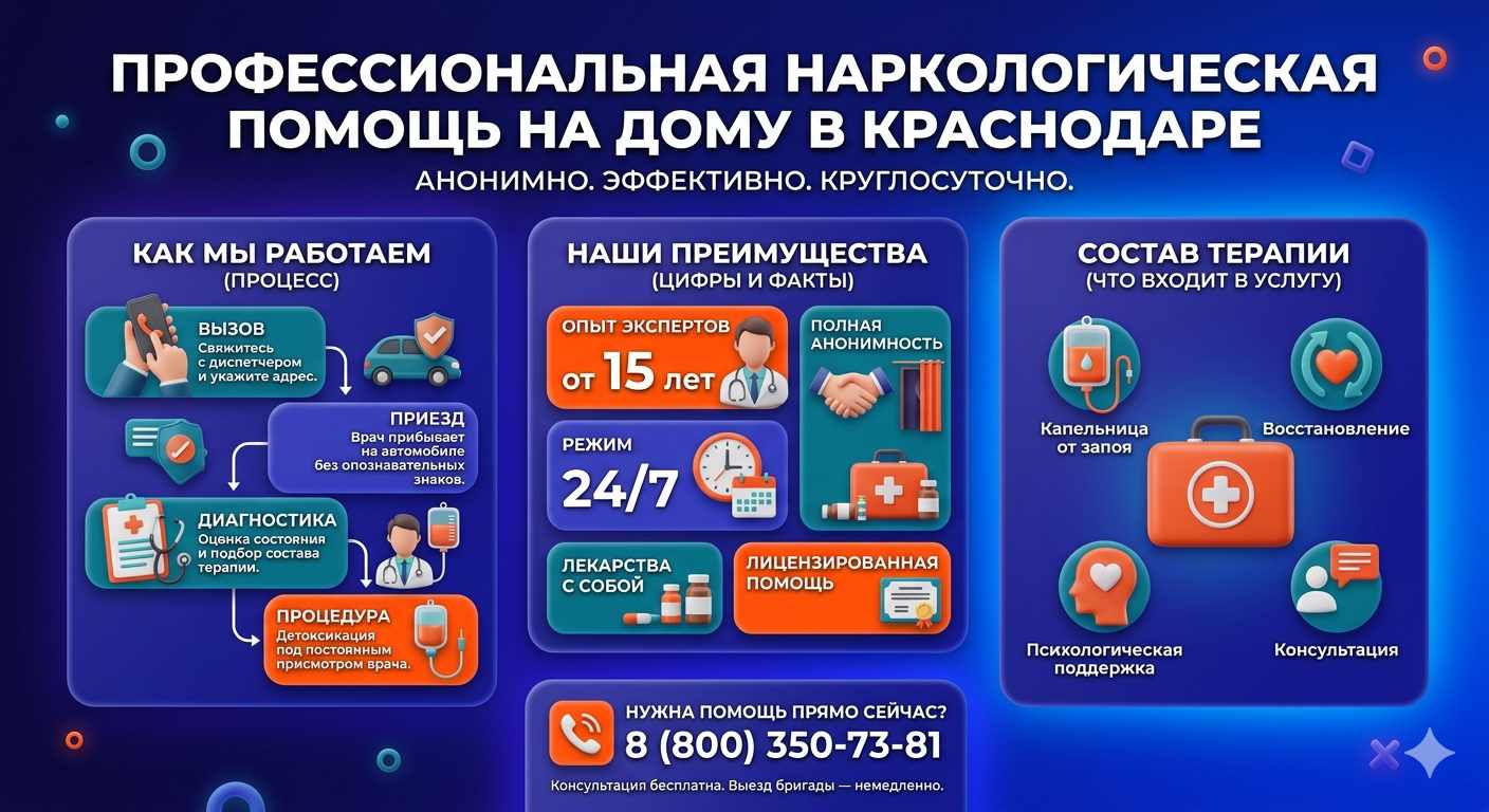 Инфографика о принципах лечения алкоголизма на дому в Сотниково: этапы вызова нарколога, преимущества анонимной детоксикации и состав медицинской помощи.
